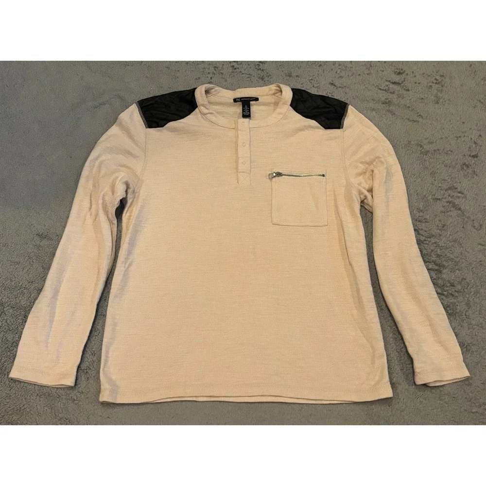 I.N.C Henley Shirt Mens XL Beige Zipper Chest Pocket Sueded Shoulder Waffle Knit